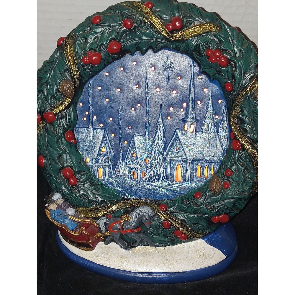 Lighted Christmas Wreath, Hand-Painted Church Scene with Santa Sleigh